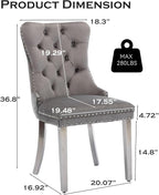 Velvet Upholstered Dining Chairs Set of 6, Modern Style Kitchen Side Chairs with Nailhead Trim and Silver Plated Leg, Metal Pulling Ring for Dining Room Living Room(Gery-Silver Plated Leg)