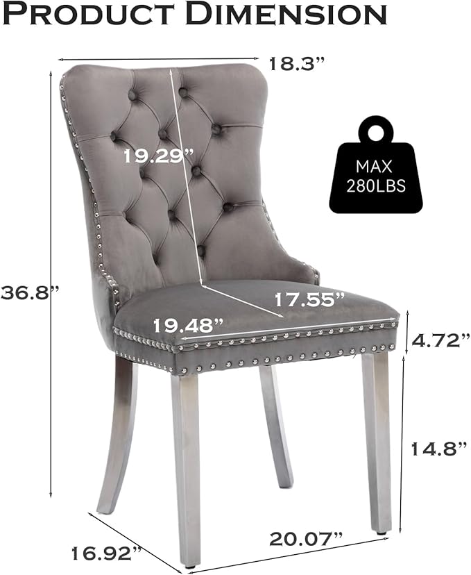 Velvet Upholstered Dining Chairs Set of 8, Modern Style Kitchen Side Chairs with Nailhead Trim and Silver Plated Leg, Metal Pulling Ring for Dining Room Living Room(Grey)