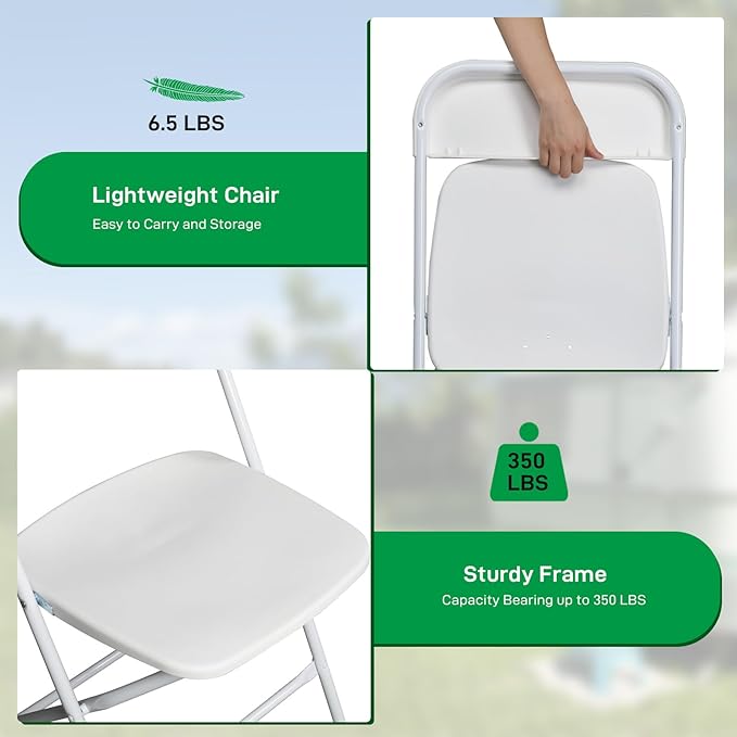 60 Pack White Plastic Folding Chairs, Portable Party Chairs, Stackable Commercial Seats with Steel Frame for Home Office Wedding Party Indoor Outdoor Events Chairs, 350lbs Capacity