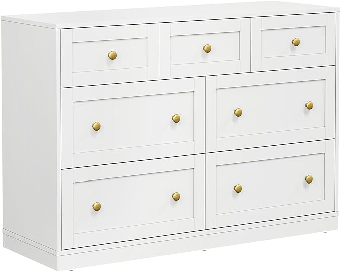 RoyalCraft 7 Drawer Dresser, 47'' Wide Modern Chest of Drawers with Gold Knobs, Wooden TV Stand Storage Organizer for Bedroom, Living Room, Entryway, White