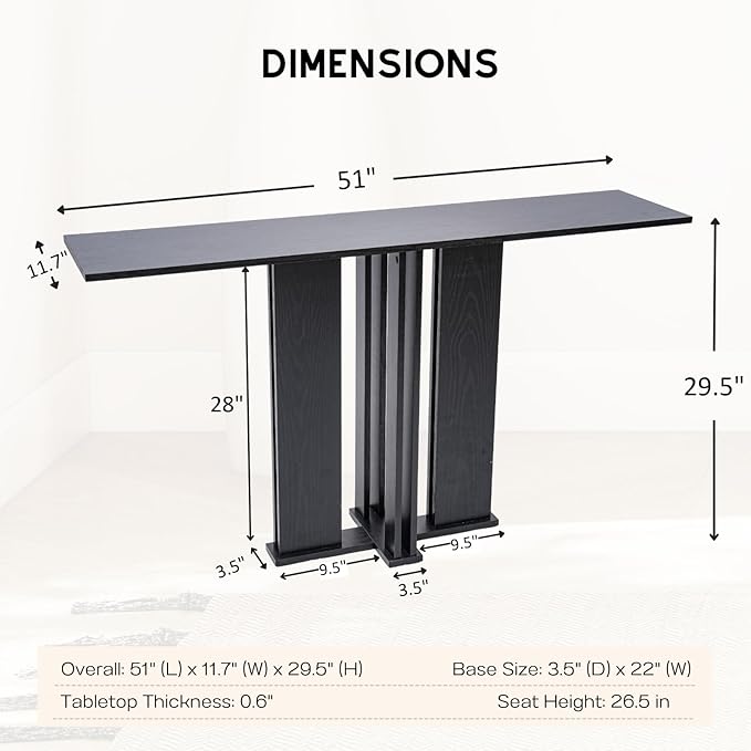 HEAH-YO 51" Console Table, Rustic Wood Entryway Table, T-Shape Narrow Sofa Tables Behind Couch for Hallway, Entrance, Foyer, Living Room, Black
