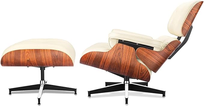 Top Cream White Grain Leather, Mid Century Chaise Lounge Chair and Ottoman, Modern Chair Classic Design, Palisander Wood, Heavy Duty Base Support for Living Room Office