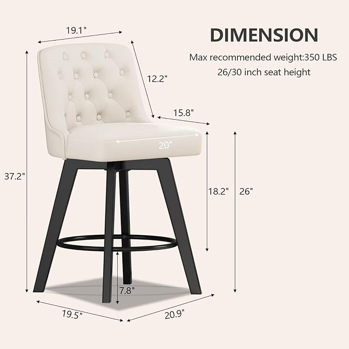 MINCETA Bar Stools Set of 2, PU Leather Barstools, 26 Inch Upholstered Counter Stools with Low Tufted Back and Footrest, Swivel Counter Height Barstools for Kitchen Island Home Bar White