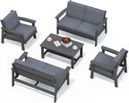 SERWALL HDPE Patio Furniture Set, 5 Piece All Weather Wood-Like Sectional Outdoor Furniture Set, Grey Patio Sofa Couch with Grey Cushions for Deck, Lawn
