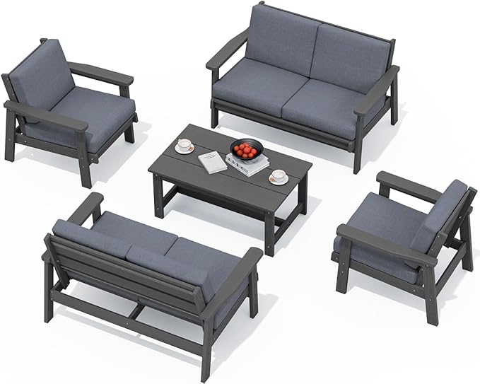 SERWALL HDPE Patio Furniture Set, 5 Piece All Weather Wood-Like Sectional Outdoor Furniture Set, Grey Patio Sofa Couch with Grey Cushions for Deck, Lawn