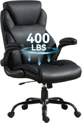 Brage Living 400LBS Big and Tall Office Chair, Leather Executive Desk Chair with Padded Flip-up Arms, Heavy Duty Swivel Rolling Computer Chair for Home Office, Black