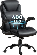 Brage Living 400LBS Big and Tall Office Chair, Leather Executive Desk Chair with Padded Flip-up Arms, Heavy Duty Swivel Rolling Computer Chair for Home Office, Black