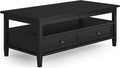 SIMPLIHOME Warm Shaker Coffee Table - 48 inch Wide Solid Wood Cocktail Table in Black, Transitional Living Room Table with 2 Storage Drawers and Open Shelf for Sitting Area or Lounge
