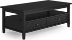 SIMPLIHOME Warm Shaker Coffee Table - 48 inch Wide Solid Wood Cocktail Table in Black, Transitional Living Room Table with 2 Storage Drawers and Open Shelf for Sitting Area or Lounge