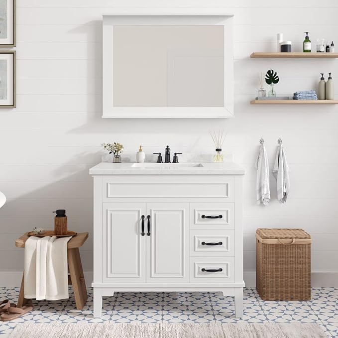 Hanover 36 Set Includes w, White Lanesboro 36'' Vanity Sink Combo for Bathroom, Powder Room | Pre-Assembled 2 Doors, 3 Drawers | Accent Mirror | Artificial Stone Countertop, Cabinet, 36 inches