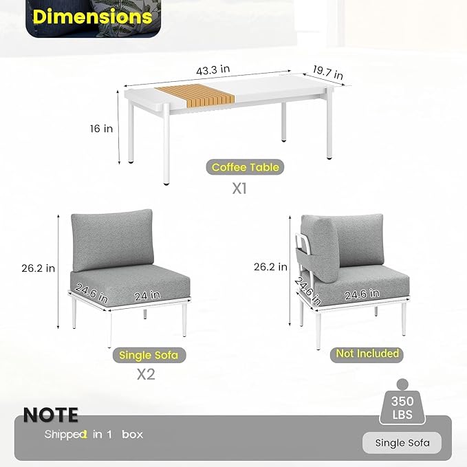 Sundale Outdoor 3 Pieces Patio Furniture Set, Metal Outdoor Sectional Sofa with 6 Inch Olefin Cushion and Coffee Table, All-Weather Modern Outdoor Conversation Sets (Wihte Frame)