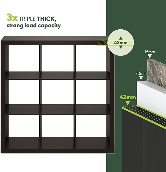 Furinno Cubicle Book Shelf, 9-Cube Bookshelf, Triple Thick Frame Cube Storage Organizer, Bookcase, 15.4 x 43.8 x 43.4, for Home Office, Living Room, Black Oak