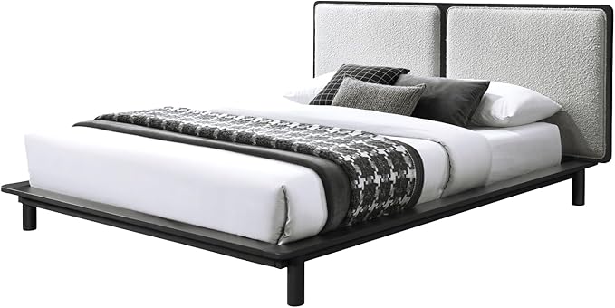Nord Queen Size Wood Platform Bed | Box Spring Not Required | Black Frame and Cream Beige Boucle