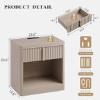 Fluted Nightstand Set of 2 with Charging Station, 23.6" Wood End Table with Solid Wood Handle, Curved Profile Design, Mid Century Moden Bedside Table for Bedroom, White Alder