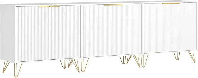 Fluted Storage Cabinet, Set of 3, Sideboard Buffet Cabinet, Modern Wood Accent Table with Adjustable Shelves, Console Table for Living Room, Hallway, Entryway, White