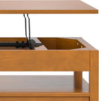 SIMPLIHOME Warm Shaker Lift Top Coffee Table - 48 inch Wide Solid Wood Cocktail Table in Light Golden Brown, Transitional Living Room Table with Hidden Storage, 2 Drawers, and Open Shelf