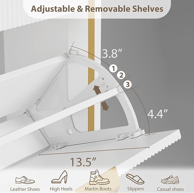 Fluted Shoe Cabinet Storage, Freestanding Hidden Shoe Organizer with 4 Flip Drawers & 2 Drawers, Wood Narrow Shoe Rack Cabinet with Adjustable Shelves for Entryway, Foyer, Hallway, White