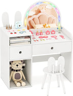 Costzon Kids Vanity, Girls Vanity Set with Mirror and Stool and Lights, Drawers & Storage Compartments, Toddler Makeup Vanity Desk Dressing Table, Wooden Kids Vanity Table and Chair Set (White)