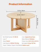 VEVOR Rattan Coffee Table, Round Woven With Rubber Wood Top, 33 in Modern Boho Circular Storage Table With Natural Legs, for Living Room, Bedroom & Small Spaces