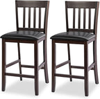 COSTWAY Counter Height Bar Stools Set of 2, 25'' Wooden Pub Chairs with PU Leather Seat, Mid Century Modern Upholstered Island Chairs for Kitchen, Living Room, Dining Room, Bar