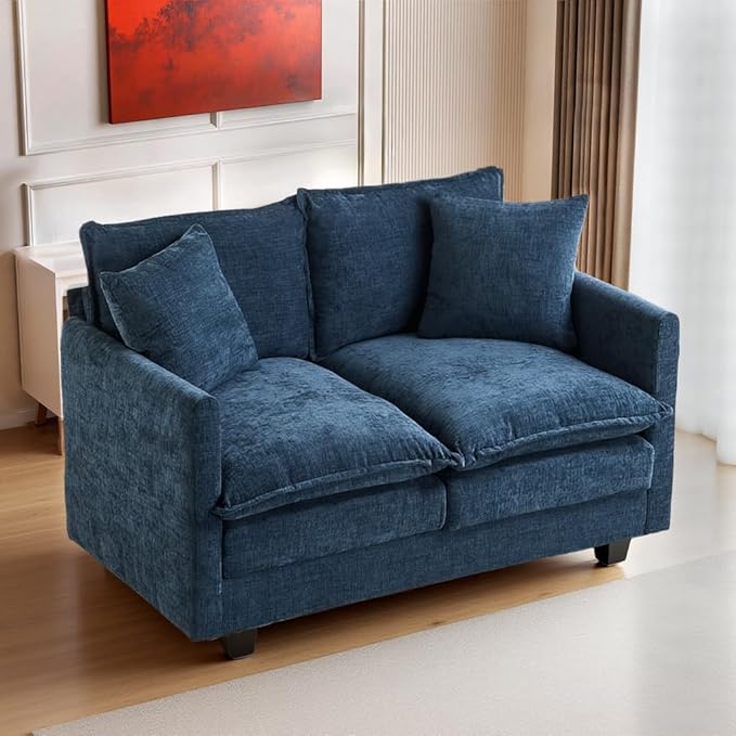 50" Loveseat Sofa Small Cloud Couch | Mini Chenille Love Seat Couches with 2 Pillows | 27.16" Deep Seat for Small Spaces Bedroom Dorm Apartment | Blue