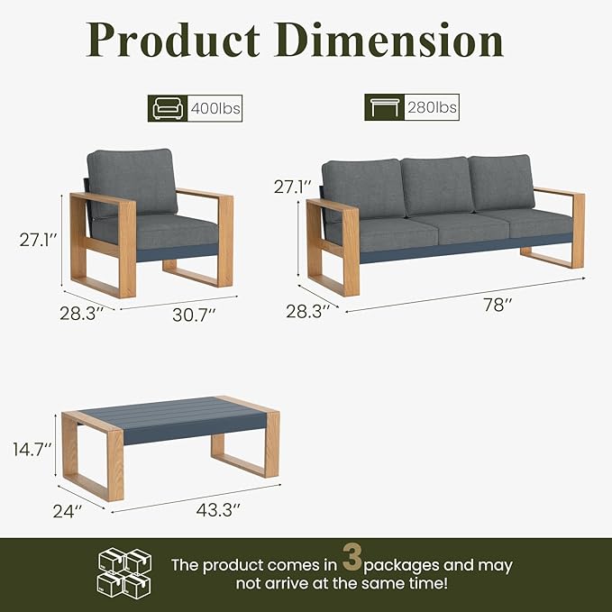 LayinSun 4 Pieces Aluminum Patio Furniture Set with Coffee Table, Oversized Seat with Hight Back, Outdoor Conversation Sets for Porch, Balcony, Deck