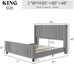 AMERLIFE King Size Bed Frame, Velvet Upholstered Platform Bed with Vertical Channel Tufted Headboard & Footboard/Wingback, Mattress Foundation with Wood Slats, No Box Spring Needed, Light Grey
