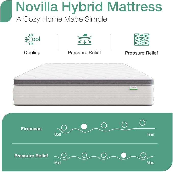 Novilla Twin Mattress, 10 Inch Twin Hybrid Mattress for Kids, Pocket Innerspring Pillow Top Mattresses for Motion Isolation, Pressure Relief & Edge Support, Medium Firm Feel