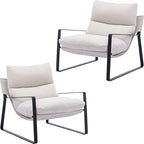 Mid-Century Accent Chair Set of 2, Comfy Side Chair with Armrest Chenille Fabric, Upholstered Leisure Chair with Black Metal Frame for Living Room Bedroom Reception Room, White