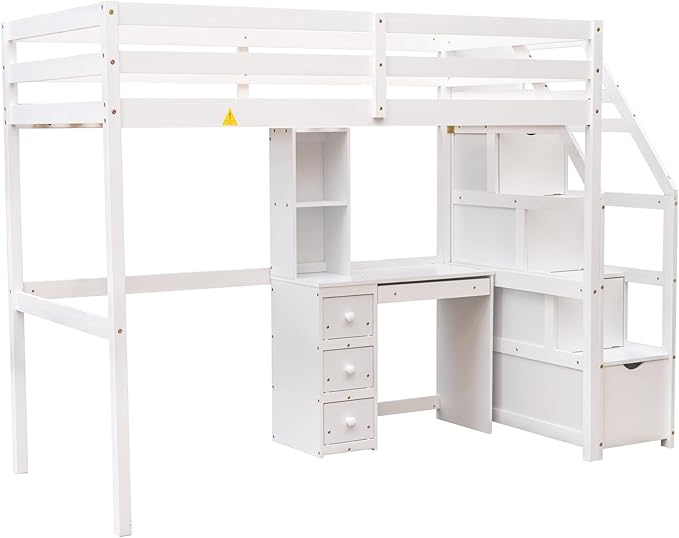 Twin Size Solid Wood Loft Bed with Storage Staircase and Desk, Bedroom Multifunctional Separable Bed Frame w/Shelves & Drawers,No Box Spring Needed,for Adult Kid Boy Girl,White