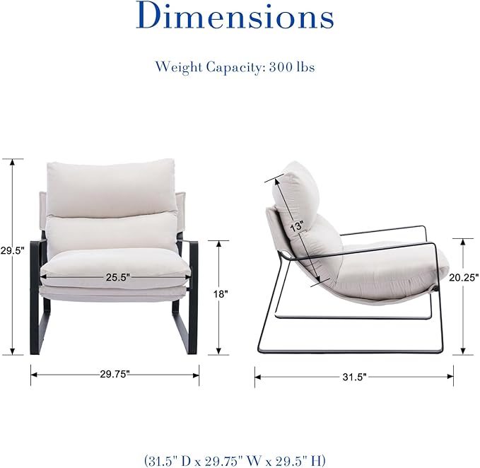HEAH-YO Modern Accent Chair Set of 1, Comfy Living Room Chair with Removable Cushion and Solid Metal Frame, Chenille Fabric Reading Side Chair for Bedroom, White