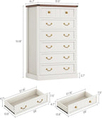 AOGLLATI Farmhouse Dresser with 6 Drawers, 51.2”Tall Wooden Rustic Chest of Drawers with Natural Texture, Vintage Design, Bedroom Dressers with Drawers for Bedroom, Antique White