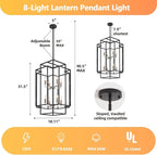 High Ceiling Foyer Chandelier: 8-Light Farmhouse Lantern Chandeliers for Entryway Industrial Large Pendant Light Fixtures for Entry Staircase Hallway Dining Room Kitchen Island, Black & Silver
