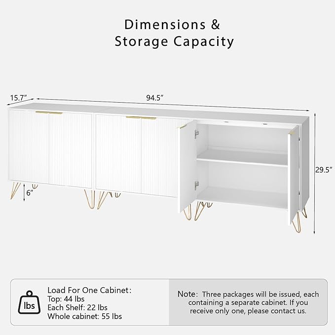 Fluted Storage Cabinet, Set of 3, Sideboard Buffet Cabinet, Modern Wood Accent Table with Adjustable Shelves, Console Table for Living Room, Hallway, Entryway, White