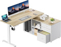 HUANUO L Shaped Standing Desk, Electric Executive Desk with Drawers, Adjustable Height Stand Up Desk, 55″ x 23.6″ One-Whole Piece Desktop, Computer Desk with 4 Memory Presets, Light Walnut