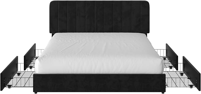 VECELO Queen Size Upholstered Bed Frame with 4 Drawers and Headboard, Velvet Platform Storage Bedframe, Wooden Slats Support, No Box Spring Needed,Black