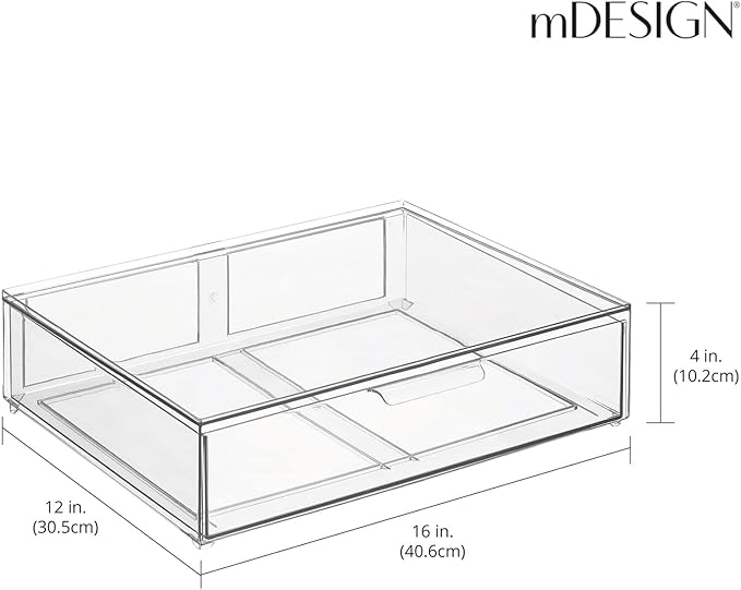 mDesign Wide Plastic Stackable Bathroom Storage Organizer Bin with Pull Out Drawer for Cabinet, Vanity, Shelf, Cupboard, Cabinet, Countertop, or Closet Organization - Lumiere Collection - Clear