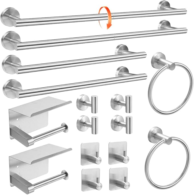 Brushed Silver 16-Piece Bathroom Hardware Set Stainless Steel, 24in and 16in Towel Bars Set Wall Mounted Bathroom Accessories
