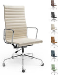 High Back Genuine Leather Ribbed Office Chair-Ergonomic Desk Chair with Aluminum Alloy Armrest & Frame, Swivel Silent Wheels & Tilt Function, Adjustable Height