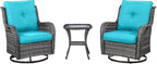 HUMMUH 3-Piece Swivel Rocking Rattan Chair Outdoor, Patio Bistro Furniture Conversation Set, Cushioned Wicker Chair with Glass Coffee Table(Grey,Blue)