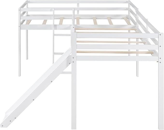 L-Shaped Twin Size Loft Bed with Ladder and Slide,Solid Wood Structure Bed Frame,w/Safety Guardrail & Slat Supports,Space Saving,Easy to Assemble,for Kids,Teens,Girls & Boys,White