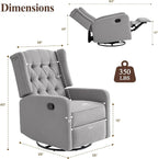 360 Swivel Rocker Recliner Chair for Adults, Nursery Chair for Small Spaces Living Room, Upholstered Fabric Glider Recliner, Pigeon Grey