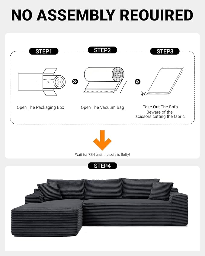 95 Inch Cloud Sectional Couch,Modular Sectional Sofa with Deep Seat,Modern Corduroy Boneless Couches with L-Shape Chaise for Living Room Bedroom,No Assembly Required (Black, Left Facing Chaise)