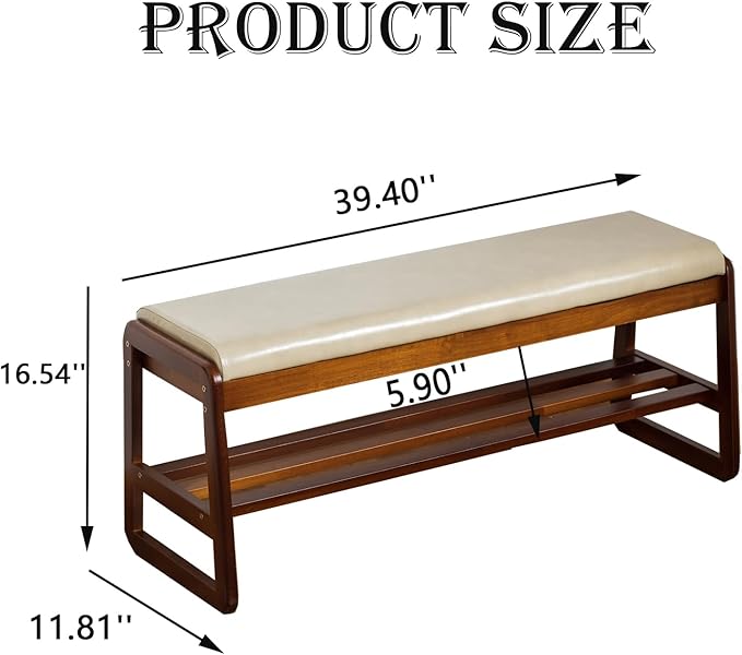 latifolia Solid Wood Bench, Entryway Shoe Bench with Cushion, 2 Tier Shoe Storage Organizer for Hallway, Living Room(Grey,39.70''L)