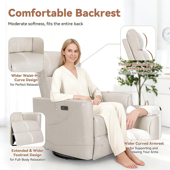 Himimi Power Massage Recliner Chair, Oversized Swivel Rocker Chair with Massage and Heat, Glider Recliner for Adults, USB Charging, Side Pocket, Nursery, Living Room, Bedroom, Ivory