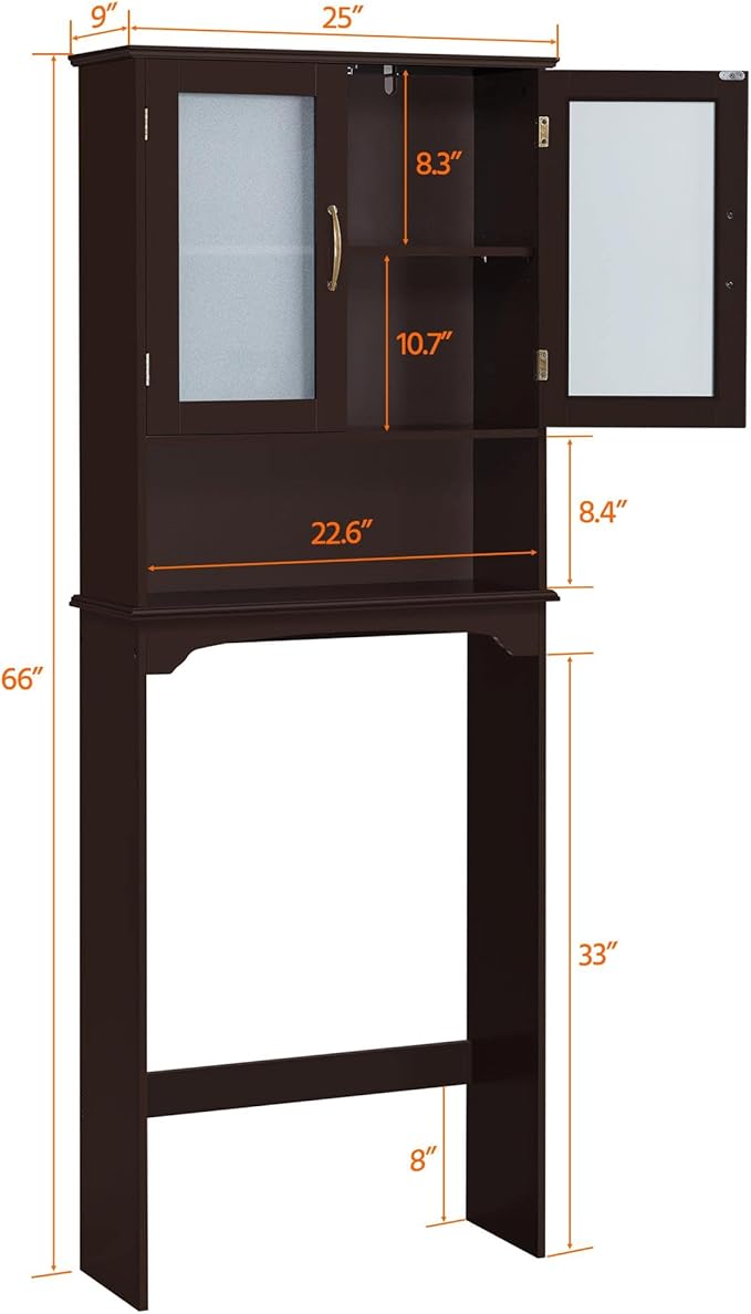 Yaheetech Over The Toilet Storage Cabinet, Free Standing Toilet Rack with Adjustable Shelves and Tempered Glass Doors for Bathroom Washroom, Espresso