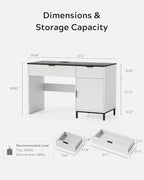 47" Fluted Executive Desk, Modern Wood Home Office Desk with Charging Station, Drawer & Cabinet, Computer Writing Desk for Work Study, White and Black