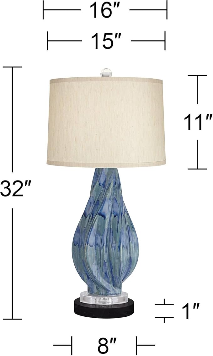Possini Euro Design Teresa Modern Coastal Table Lamp 31" Tall with Round Black Marble Riser Teal Ceramic Beige Drum Shade for Bedroom Living Room Nightstand Bedside Night Stand Office Kids Room