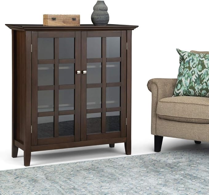 SIMPLIHOME Acadian Storage Cabinet - 39 inch Wide Solid Wood 4-Shelf Display Cabinet in Natural Aged Brown, Transitional Cupboard for Living Room or Dining Room with Glass Doors and Adjustable Shelves