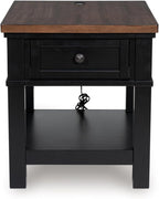 Signature Design by Ashley Wildenauer Farmhouse 1-Drawer End Table with Lower Shelf and USB Ports, Light Brown & Black